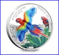 2016 COOK ISLANDS $5 WORLD OF PARROTS SCARLET MACAW 3D SILVER PROOF COIN-Rare