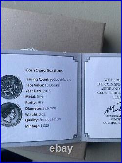 2016 Cook Islands 2 oz. 999 Antiqued Silver Norse Gods FRIGG, Low Mintage
