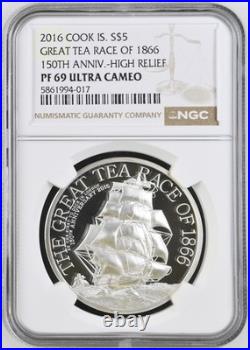 2016 Cook Islands S$5 Dollars Great Tea Race of 1866 Silver 150th Ann NGC PF69UC