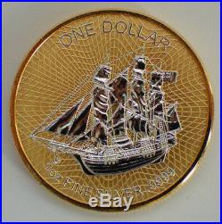 2016 Cook Islands Sailing Bounty 1 Oz. 999 Silver Full Gold Gilded Coin