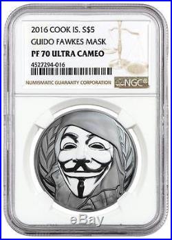 2016 Cook Islands Silver $5 Guido Fawkes Mask PF70 UC NGC Coin #001 RARE