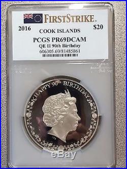 2016 Cook Islands Silver 90th Birthday QE II 3oz PCGS PR69DCAM First Strike Coin