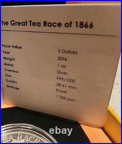2016 Pure Silver 1oz Proof Coin $5 Cook Island The Great Tea Race of 18661#500
