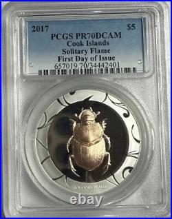 2017 1 Oz Silver Gilded $5 Cook Islands Scarab Solitary Flame Pcgs Pr70dcam