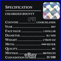 2017 1 Oz Silver Ship Bounty Coin Mintage 100 Pcs Box & Coa. Cook Islands