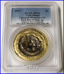 2017 $2 PCGS MS 70 Cook Islands Chergach Meteorite Gilded. 999 Silver Coin