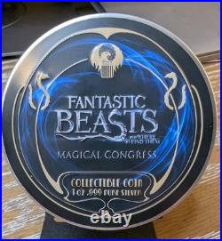 2017 $5 Cook Isles Fantastic Beasts 1 oz. 999 BLUE Silver Proof Gold Guilded
