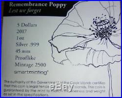 2017 $5 PCGS PL70 Cook Islands Remembrance Poppy Silver Coin FREE SHIPPING