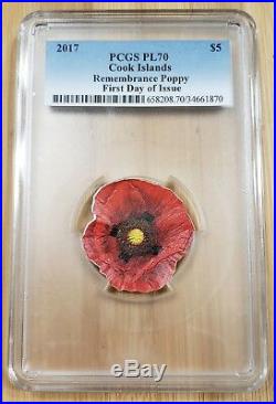 2017 COOK ISLANDS $5 Remembrance Poppy 1 oz Silver PCGS PL70 FIRST DAY ISSUE