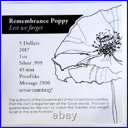 2017 Cook Islands 1 oz Silver $5 Remembrance Poppy Shape Colorized Coin