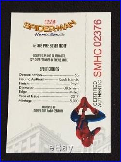 2017 Cook Islands Marvel SPIDER-MAN Homecoming 1 oz Silver PROOF $5 coin with OGP