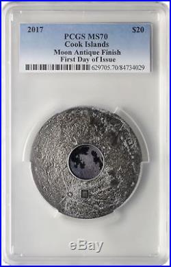 2017 Cook Islands Silver $20 Moon Meteorite MS70 ANTIQUED FDOI PCGS Coin