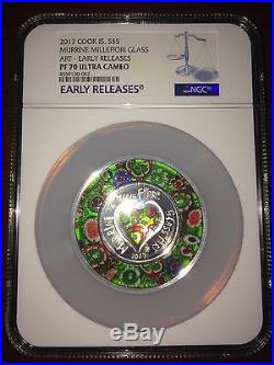 2017 Cook Islands Silver $5 Murrine Millefiori Glass Art PF70 UC ER NGC Coin