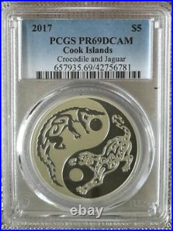 2017 Cook islands $5 Crocodile Jaguar Predator Prey PCGS PR 69 Prf Silver Coin