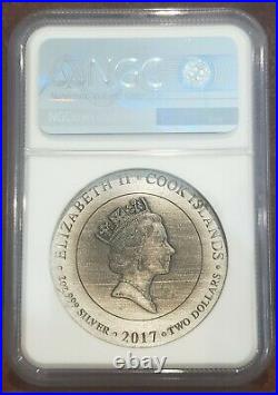 2017 NGC MS 65 COOK ISLAND 2oz Silver $2 ARES Antiqued