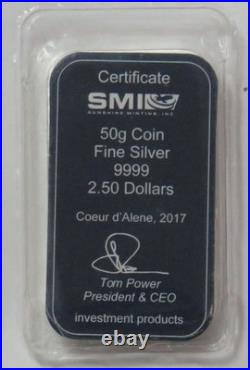 2017 SILVER 50g COOK ISLANDS $2.50 SMI 999 COIN BAR SEALED WITH CERT