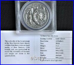 2018 $10 Cook Islands Shield of Athena 2oz. 999 Silver HR Coin PCGS MS70 FD