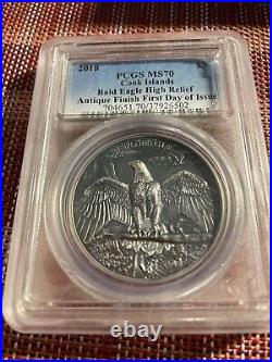 2018 1 Oz Silver $5 Cook Islands BALD EAGLE High Relief Antiqued Coin MS70