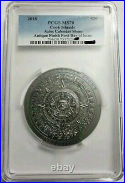 2018 20$ Archeology Symbolism AZTEC CALENDAR STONE MS70 FDOI 3 Oz Silver Coin