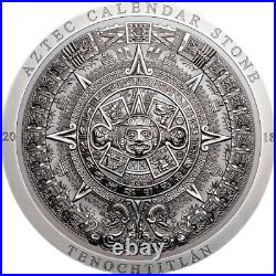 2018 $20 Cook Islands Aztec Calendar Stone 3oz Silver Antiqued Coin