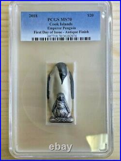 2018 $20 Cook Islands Emperor Penguin Antique Finish Silver Coin MS-70