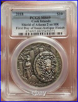 2018 2 Oz Silver $10 Cook Island SHIELD OF ATHENA Aegis Mythology MS69 FDOI Coin