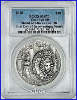 2018 Cook Islands $10 Shield of Athena 2 Oz High Relief PCGS MS70 FDOI Antiqued