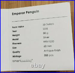 2018 Cook Islands $20 Emperor Penguin Antique Finish Silver 88 g Coin with OGP