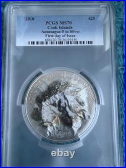 2018 Cook Islands $25 Silver 5oz Aconcagua 7 Summits PCGS 70 First Day Issue FDI