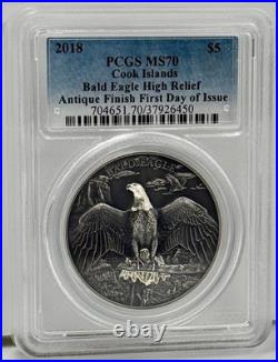 2018 Cook Islands BALD EAGLE Silver High Relief Antiqued Coin PCGS MS 70 FDOI