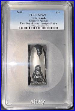 2018 Cook Islands Emperor Penguin 88g. 999 Silver Antique Finish MS69 1 of 888