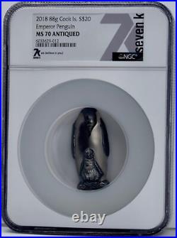 2018 Cook Islands Emperor Penguin 88g Silver Antiqued NGC MS 70 High Relief 999