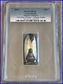 2018-Cook Islands- Emperor Penguin- 88g Silver-PCGS- MS70 Antique Finish- FDOI