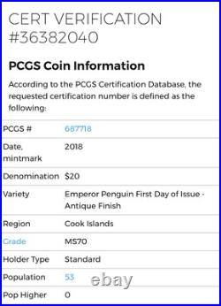 2018-Cook Islands- Emperor Penguin- 88g Silver-PCGS- MS70 Antique Finish- FDOI