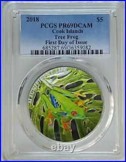 2018 Cook Islands Tree Frog Colorized Silver Coin PCGS PR69 DCAM -FDOI