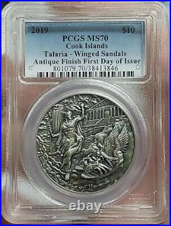 2019 $10 Cook Islands Winged Hermes TALARIA PCGS MS70 FDOI 2 Oz Silver Coin