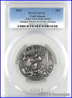 2019 $20 Cook Islands Atlas 3oz Antiqued Silver Coin PCGS MS70 FDI
