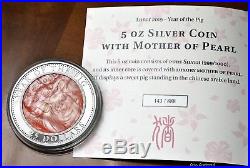 2019 Cook Islands $25 Mother of Pearl, YEAR OF THE PIG 5 oz. 999 silver coin
