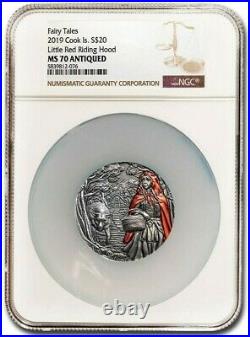 2019 Cook Islands Silver $20 Little Red Riding Hood MS70 ANTIQUED NGC Coin