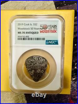 2019 NGC MS 70 COOK ISLAND. 999 Silver $2 WOODSTOCK 50 YEARS GUITAR PICK 1/1969