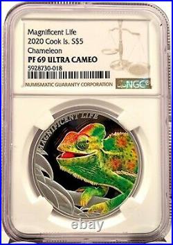2020 Cook Islands Magnificent Life Chameleon 1 oz Silver Proof Coin NGC PF 69