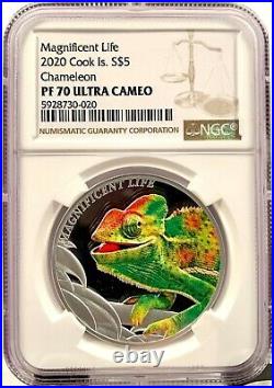 2020 Cook Islands Magnificent Life Chameleon 1 oz Silver Proof Coin NGC PF 70