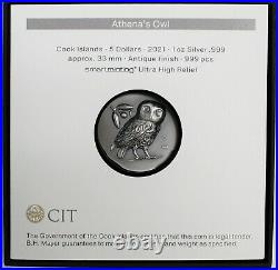 2021 $5 Cook Islands 1oz Silver Ultra High Relief Athena's Owl Antique Finish