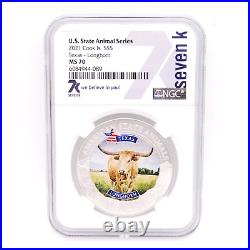 2021 $5 Cook Islands Silver US State Animal Series TEXAS LONGHORN NGC MS70