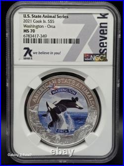 2021 $5 Cook Islands US State Animal Series Washington Orca 1oz Silver NGC MS70