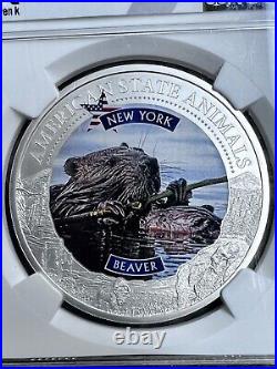2021 Cook Island $5 Silver U. S. State Animal Series New York Beaver NGC MS70