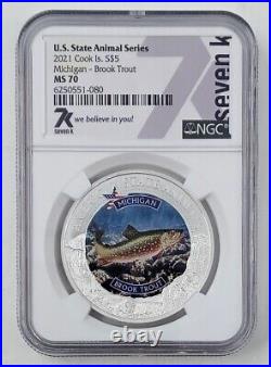 2021 Cook Island US State Animal Series MI Brook Trout 1oz Silver NGC MS 70 C4