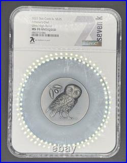 2021 Cook Islands $25 Athena’s Owl 5oz. 999 Silver UHR Antiqued NGC MS70