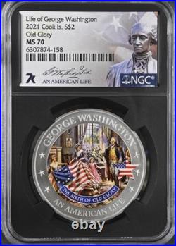 2021 Cook Islands $2 OLD GLORY Life of George Washington 1/2 Oz NGC MS70