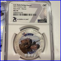 2021 Cook Islands $5 New York Beaver Silver Coin NGC MS 70. RARE 1223-17